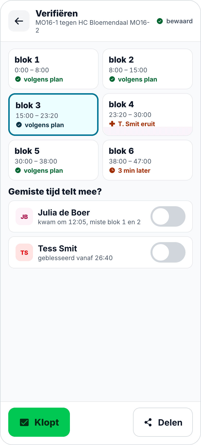 Het scherm van de app waarop je bevestigt dat de wedstrijd zo gelopen is