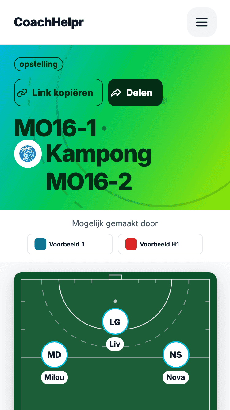 De deelpagina: het veld met de spelers op hun plek