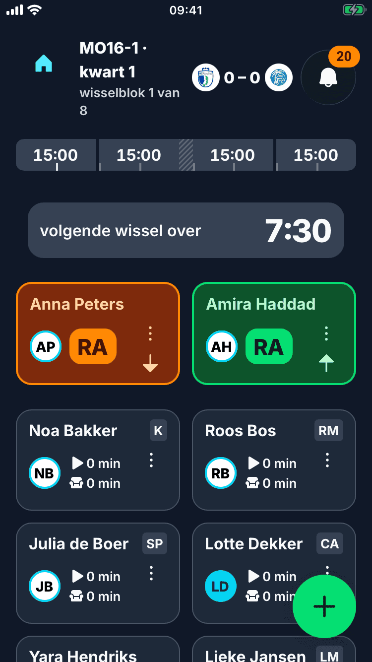 De wedstrijdmodus van de app in het donker