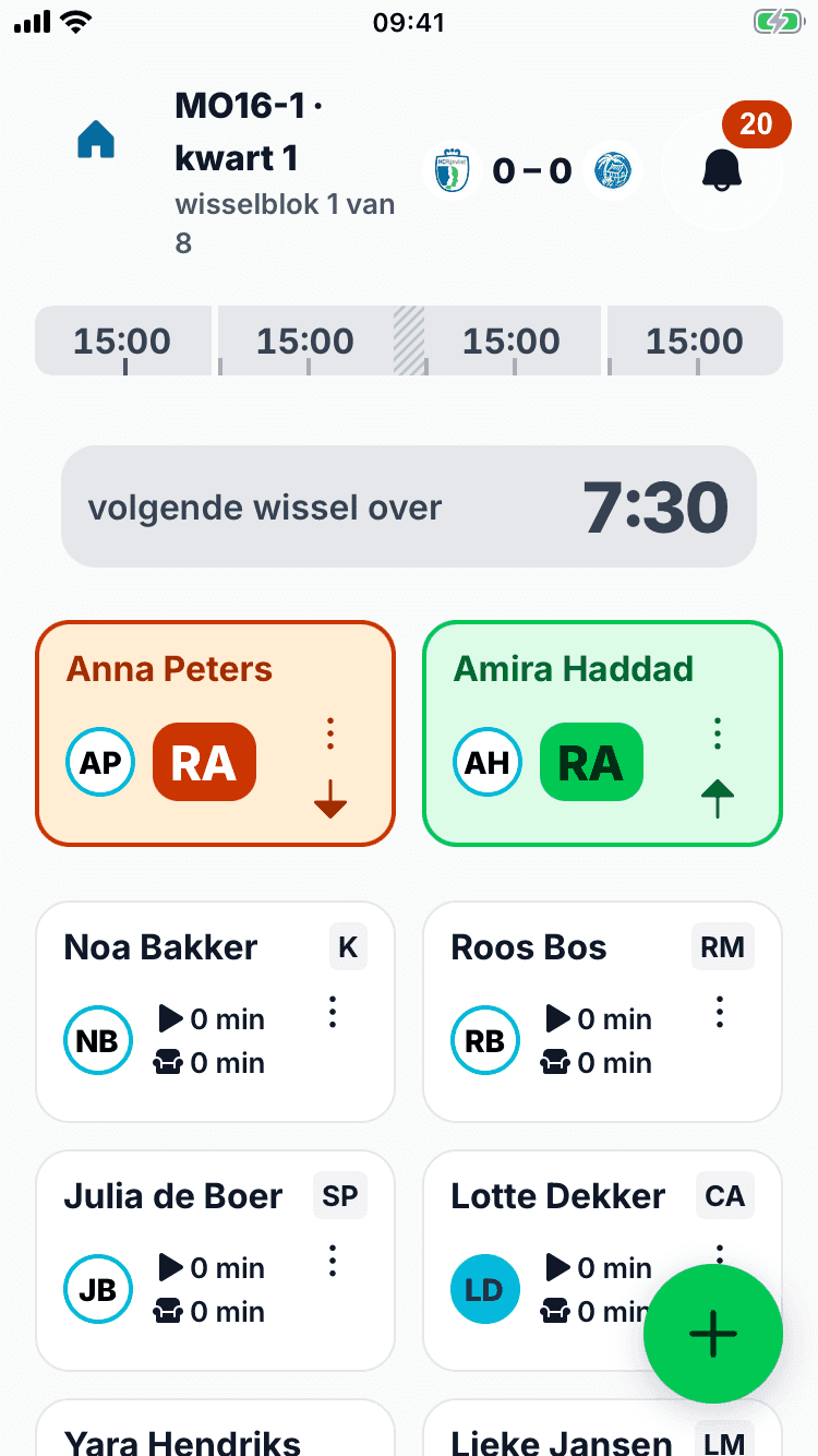 De wedstrijdmodus van de app: de tijd tot de volgende wissel en wie erin en eruit gaat